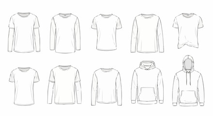 Hand drawn sketch collection of casual apparel templates.