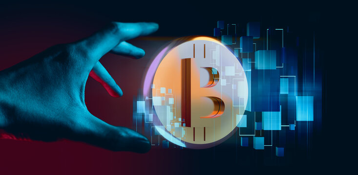 businessman hand holding holographic of metaverse network on black background, internet social online technology, digital cryptocurrency bitcoin - Powered by Adobe