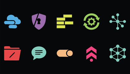 Modern vibrant technology icons for cloud security and data network solutions with blockchain integration