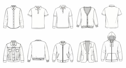 Collection of mens clothing technical fashion flat sketches.