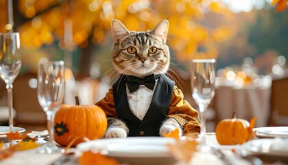 Tabby cat dressed in a tuxedo, sitting formally at an autumn-themed table setting with pumpkins and fall foliage