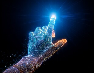 a digital hand illuminated with vibrant light pointing towards something with a focused gesture the hand composed of numerous particles demonstrates a modern and futuristic theme