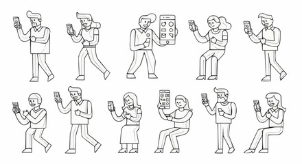People using smartphones in various poses and activities, line art style.