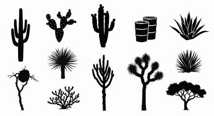 Diverse collection of desert plants and cacti silhouettes.