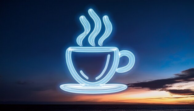 neon coffee cup sign illuminated against a dark sky during evening