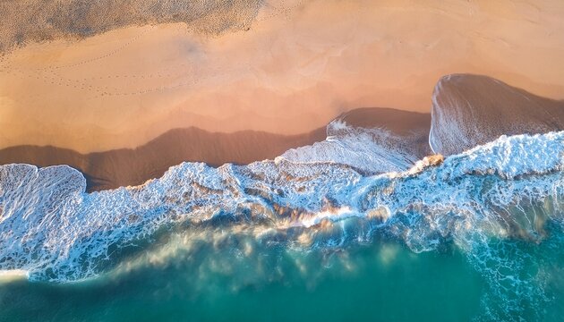 top down view of serene beach with gentle waves - Powered by Adobe