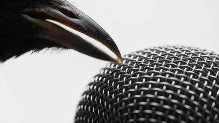 Curious raven pecks a microphone mesh in closeup sequence