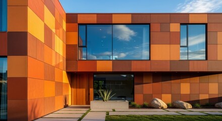 A modern building facade with colorful, square panels in shades of orange and brown, featuring large windows and a contemporary entrance