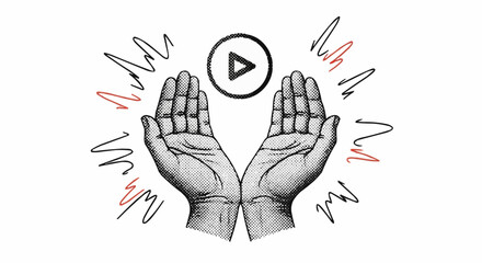 Hands Reaching for a Play Button with Energy Lines.