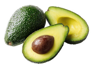 Two whole and one halved avocado, displaying green skin, and a brown seed