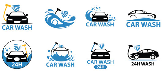 Car wash service minimalist emblem, brand logo design template set, vector illustration, automotive cleaning concept, modern digital design for business branding, apps, websites, promotional materials