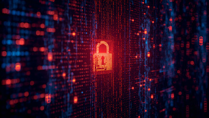 Glowing Red Padlock Icon with Abstract Blue Data Background