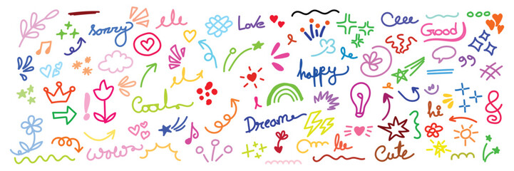 Colorful doodle collection with hand drawn elements on a white background art