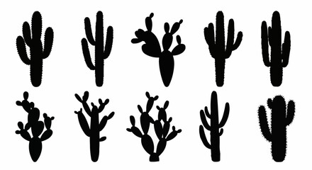 Set of ten black cactus silhouettes isolated on a white background.