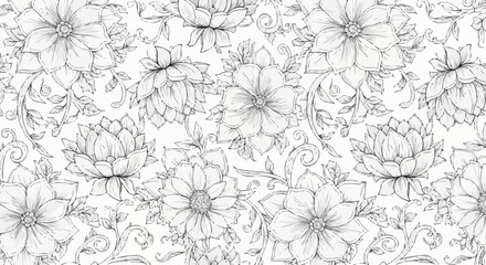 Floral Pattern - Detailed Line Art of Blooming Flowers.