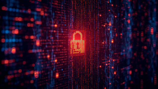 Glowing Red Padlock Icon with Abstract Blue Data Background - Powered by Adobe