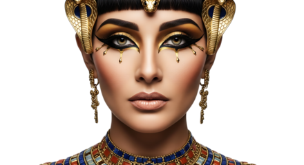 Transparent background  close up portrait of a woman with egyptian style makeup and golden snake head accessories on black background