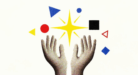 Hands Reaching Up Towards A Bright Star Surrounded By Geometric Shapes.