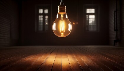a glowing lightbulb hanging in a dark empty room symbolizing creativity and inspiration