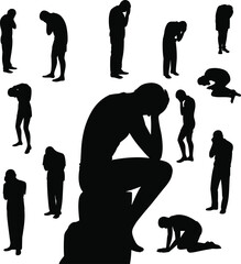 Silhouette, introspection, emotional, mental health, stress, depression, thinker, posture, contemplation, solitude, anxiety, despair, reflection, psychology, expressive, crouching, kneeling, seated