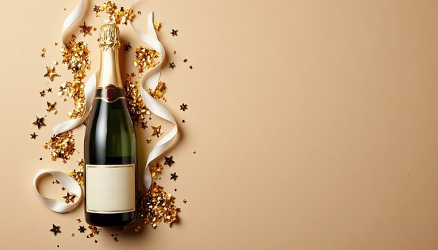A bottle of champagne in a festive style with a festive mood, surrounded by golden confetti, ribbon and stars on a beige background with a place for text