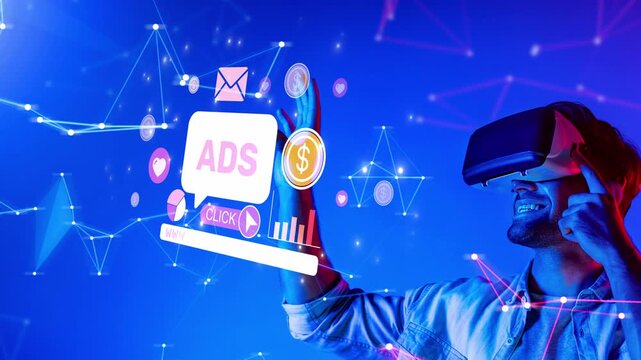 A vibrant scene showcasing a man immersed in virtual reality, interacting with floating advertisement icons and digital elements, capturing the essence of modern technology. Raster