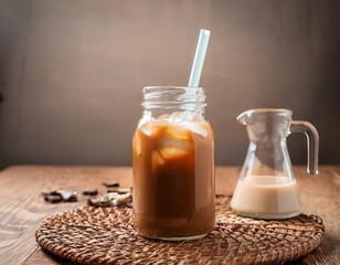 indonesian teh botol in glass bottle with ice and straw