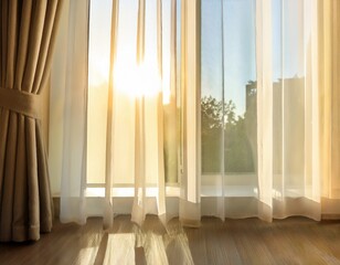 close up of white curtain in the room at home with sunlight