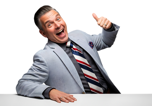 a smiling businessman in a light gray suit with a striped tie giving a thumbs up gesture with excitement on transparent background