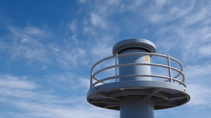A cylindrical industrial structure with a railing and platform stands against a clear blue sky with wispy clouds