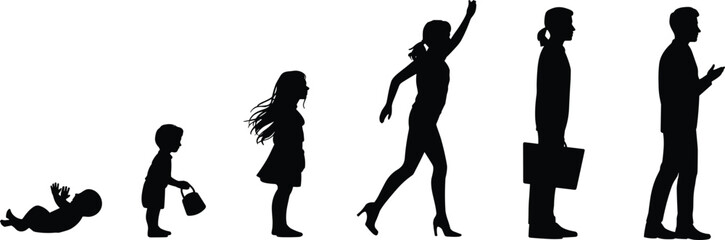 Silhouettes, life, stages, baby, child, girl, woman, adult, senior, growth, development, posture, activity, age, timeline, evolution, movement, diversity, black, white