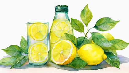watercolor painting of lemons leaves lemonade in a bottle and glass