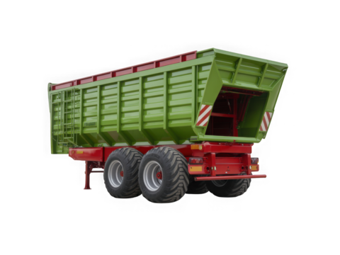 Green agricultural trailer with red frame and large wheels isolated on transparent background