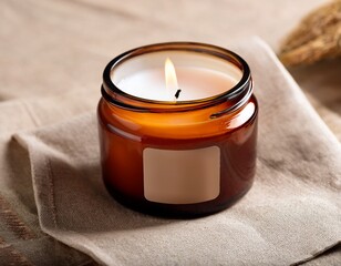 amber glass candle jar with blank label on linen fabric