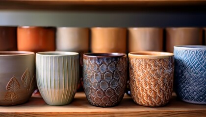 close up of handmade ceramic mugs on a shelf