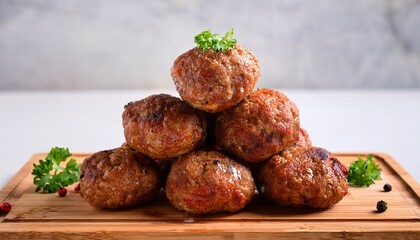 stack of baked meatballs on a chopping board