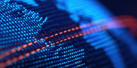 Fintech data visual design, An abstract representation of a digital globe, showcasing vibrant blue and orange lines, symbolizing connectivity and data flow across the world.