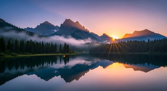 Mountain range reflecting in a lake at sunset with dramatic lighting