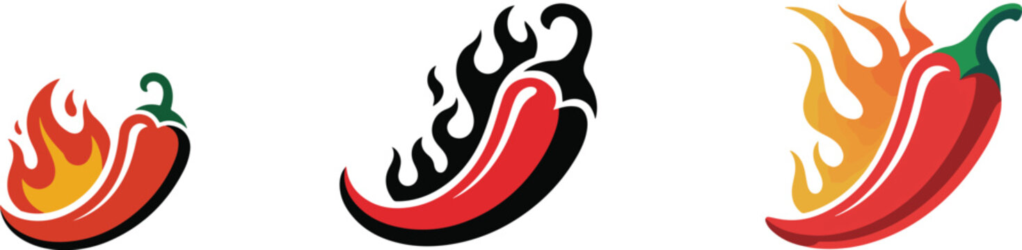Three stylized red chili peppers with vibrant flames and heat effects