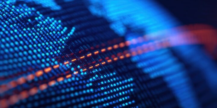 Fintech data visual design, An abstract representation of a digital globe, showcasing vibrant blue and orange lines, symbolizing connectivity and data flow across the world.