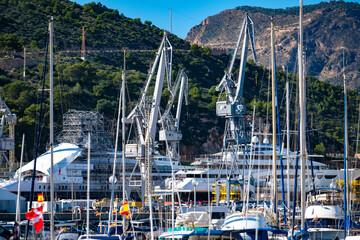 Mega Yacht Construction in Progress: Massive Luxury Vessel Docked at the Shipyard Harbor of Cartagena, Spain