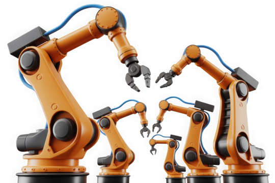 Industrial robot arms working together in modern factory setting isolated on transparent background