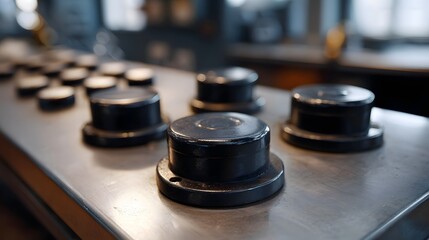 Close up of an old industrial control panel with multiple round black buttons and dials on a brushed metal surface