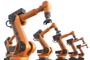 Industrial robotic arms arranged in a line isolated on transparent background