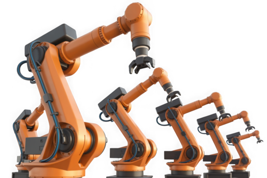 Industrial robotic arms arranged in a line isolated on transparent background