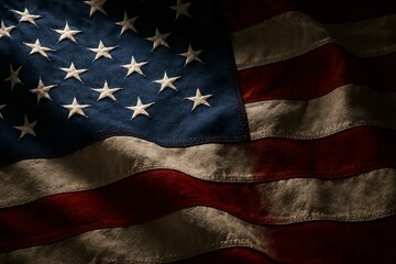 Old worn american flag with detailed stitching