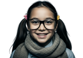 a close up portrait of a smiling young girl wearing black framed glasses and a grey scarf with pigtails and hair clips on
