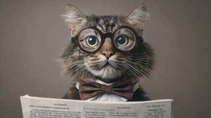 An intelligent cat wearing glasses and a bow tie while reading the newspaper, a whimsical and intellectual concept. 