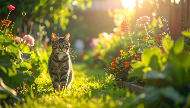 Tabby cat walks in sunlit flower garden, vibrant colors bloom amidst lush green plants, capturing a serene summer moment - Powered by Adobe