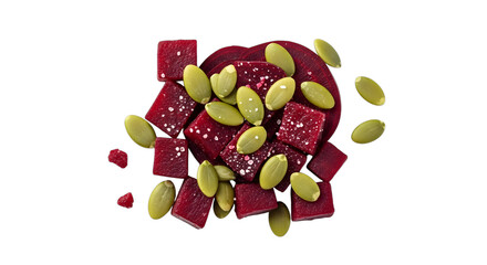 Healthy beet cubes and pumpkin seeds, isolated on transparent background
